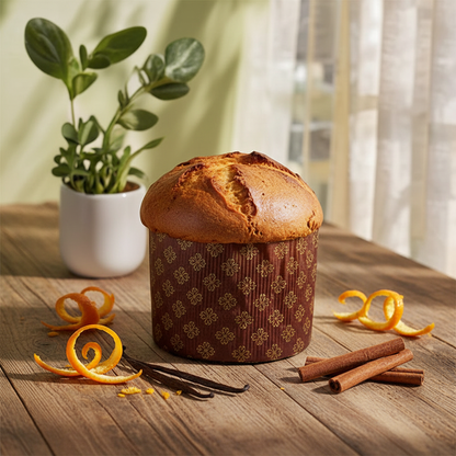 Moule à Panettone avec panettone sur table bois