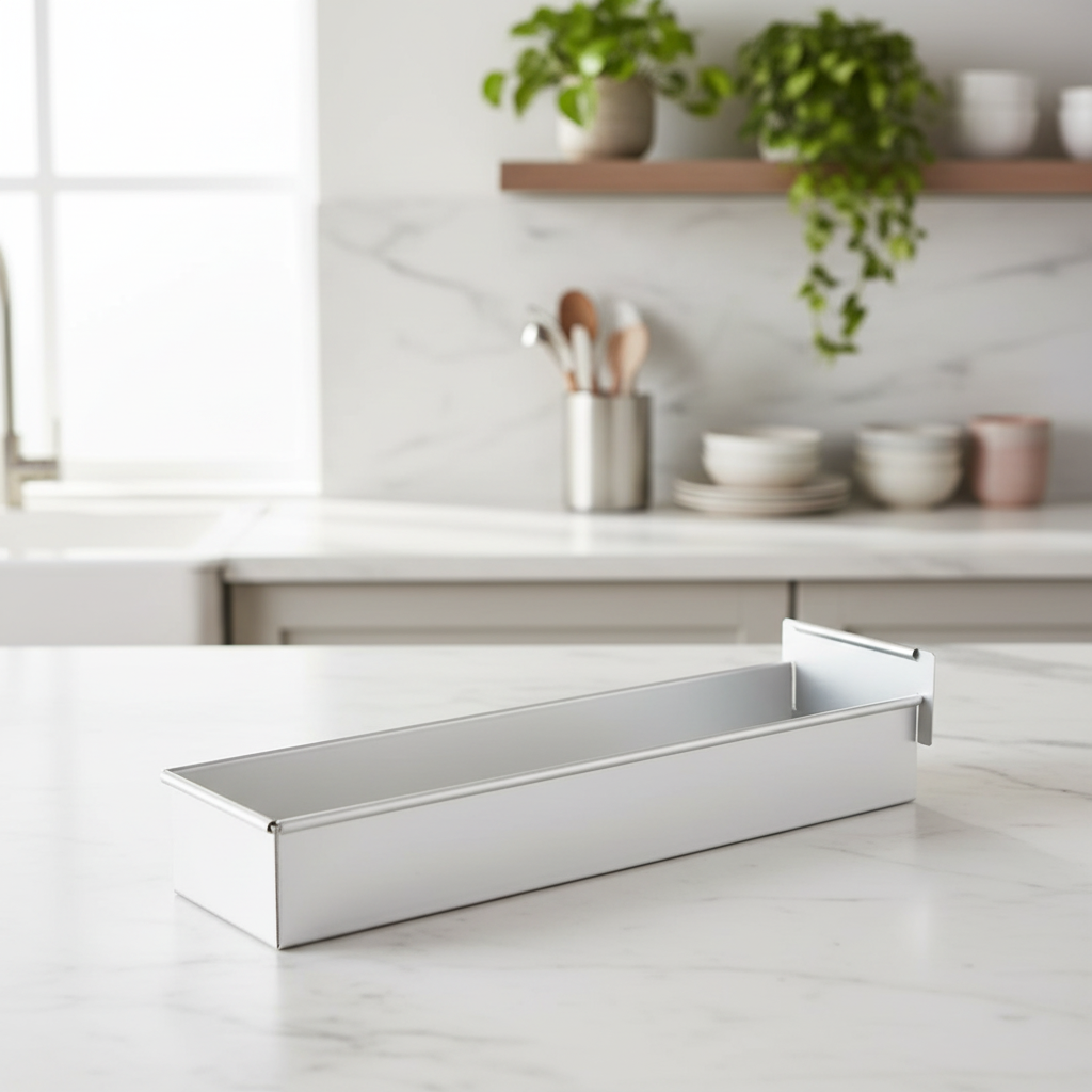moule rectangulaire gateau posé sur plan de cuisine marbre 