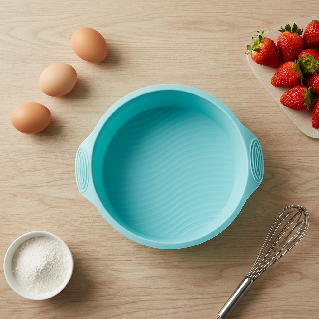 Moule rond en silicone avec ingrédient sur table bois