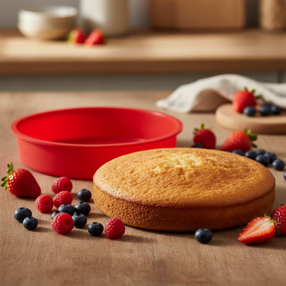 moule rond silicone avec gâteau sur table avec ingrédient