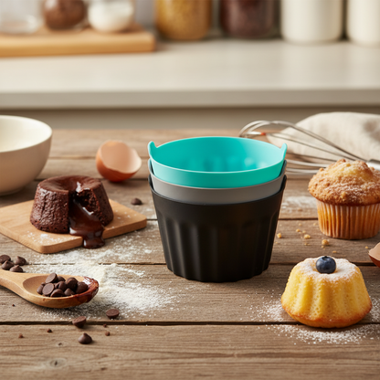 moule rond silicone sur table avec ingrédients