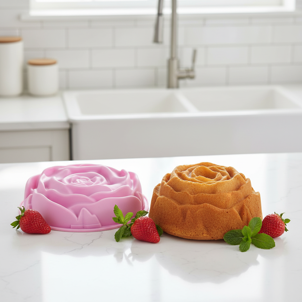Moule Fleur rose avec gâteau sur table de cuisine blanche