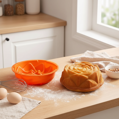 Moule Silicone Fleur  avec gâteau sur plan de travail cuisine