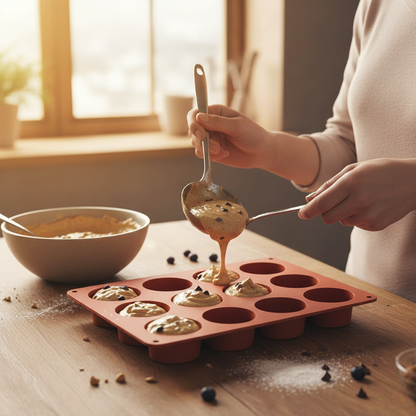 Remplissage Moules à muffin rouge dans cuisine