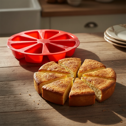 Moules silicone patisserie couleur rouge avec part gâteau sur table 