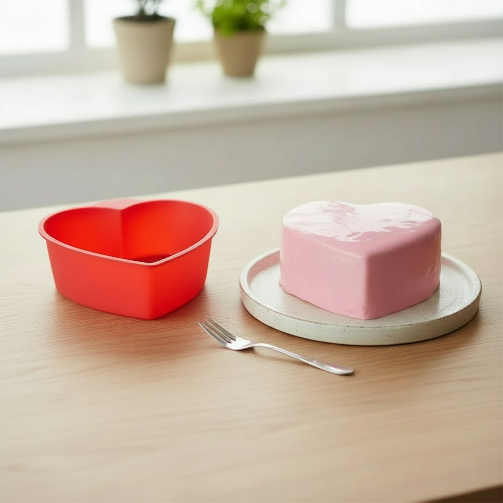 Moule Silicone cœur avec cake sur table bois