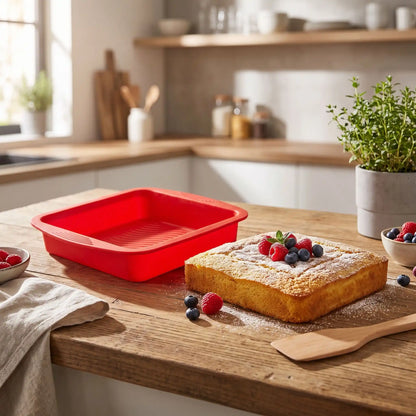 moule silicone carre avec gâteau carré sur table bois 