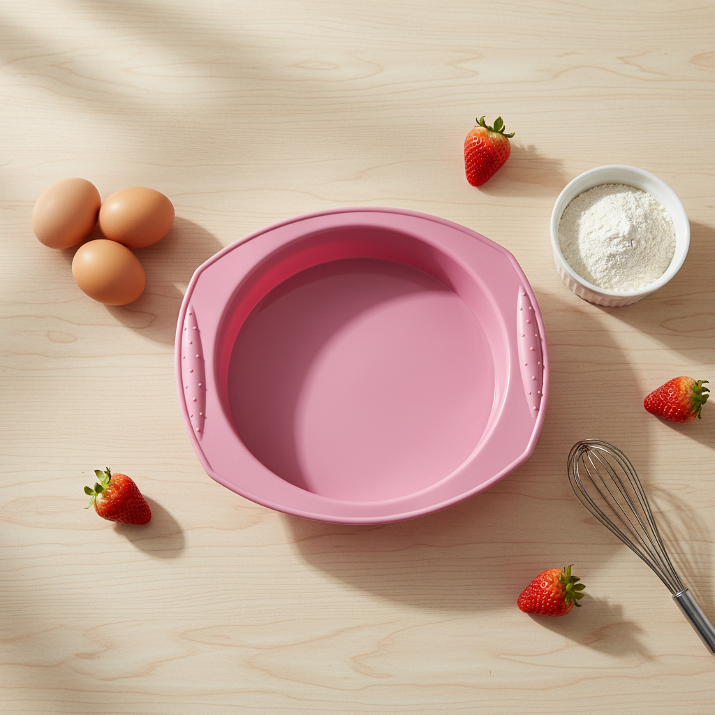 Moule silicone rond sur table bois avec ingédient
