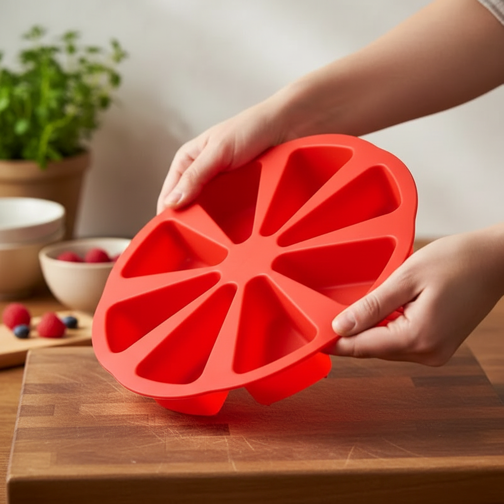Mains tenant Moules silicone patisserie couleur rouge dans cuisine 