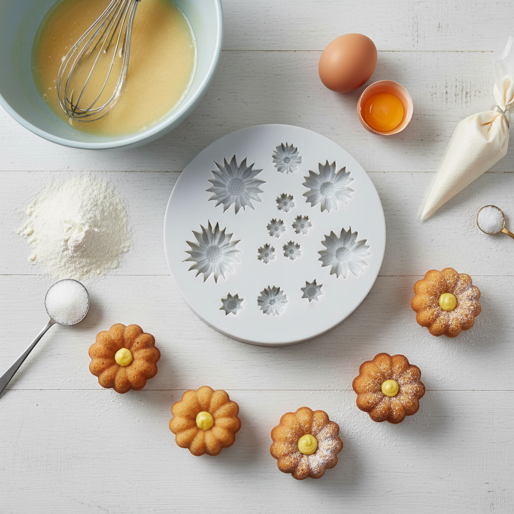 Moule fleur silicone blanc avec gâteaux marguerite 