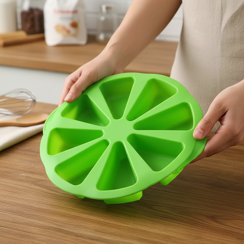 Mains tenant Moules silicone patisserie couleur vert dans cuisine