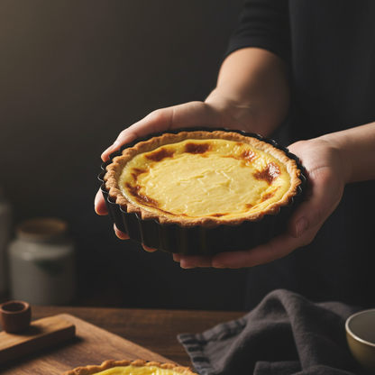 Mains tenant Moule à tarte dans cuisine