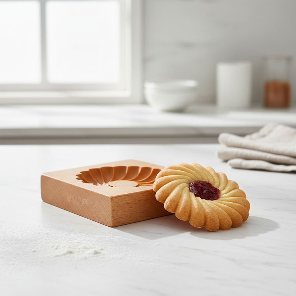 Emporte pièce fleur et biscuit décoré sur table cuisine