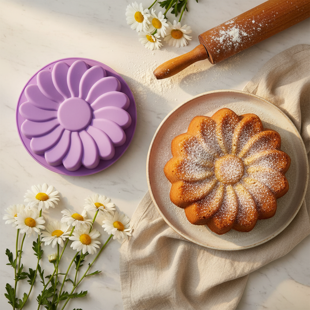 Moule Fleur Silicone avec gâteau forme marguerite 