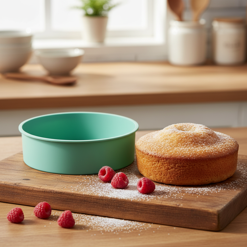 moules en silicone rond avec gâteau sur planche en bois