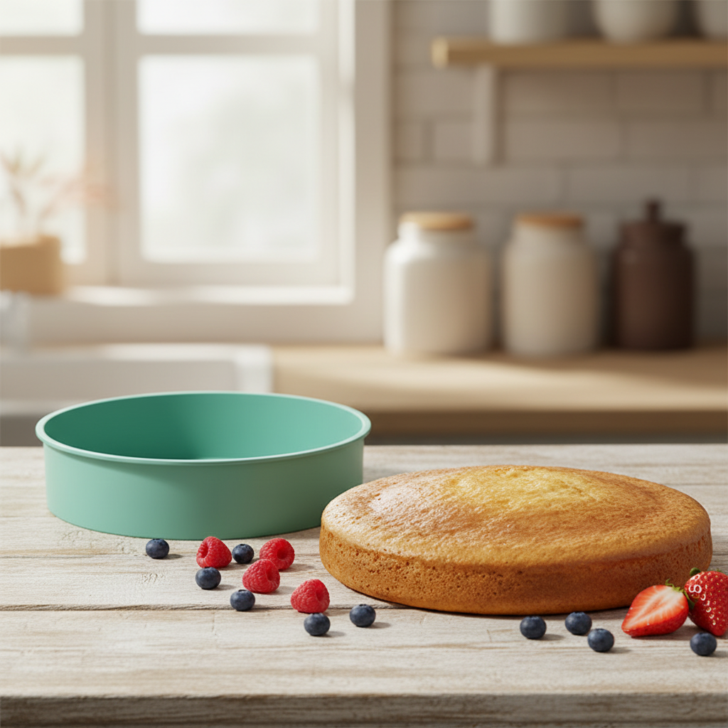 moules en silicone rond avec gâteau sur table bois clair