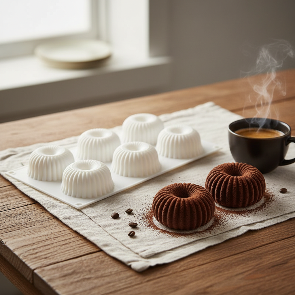 Moules a entremet et entremet avec café sur table bois