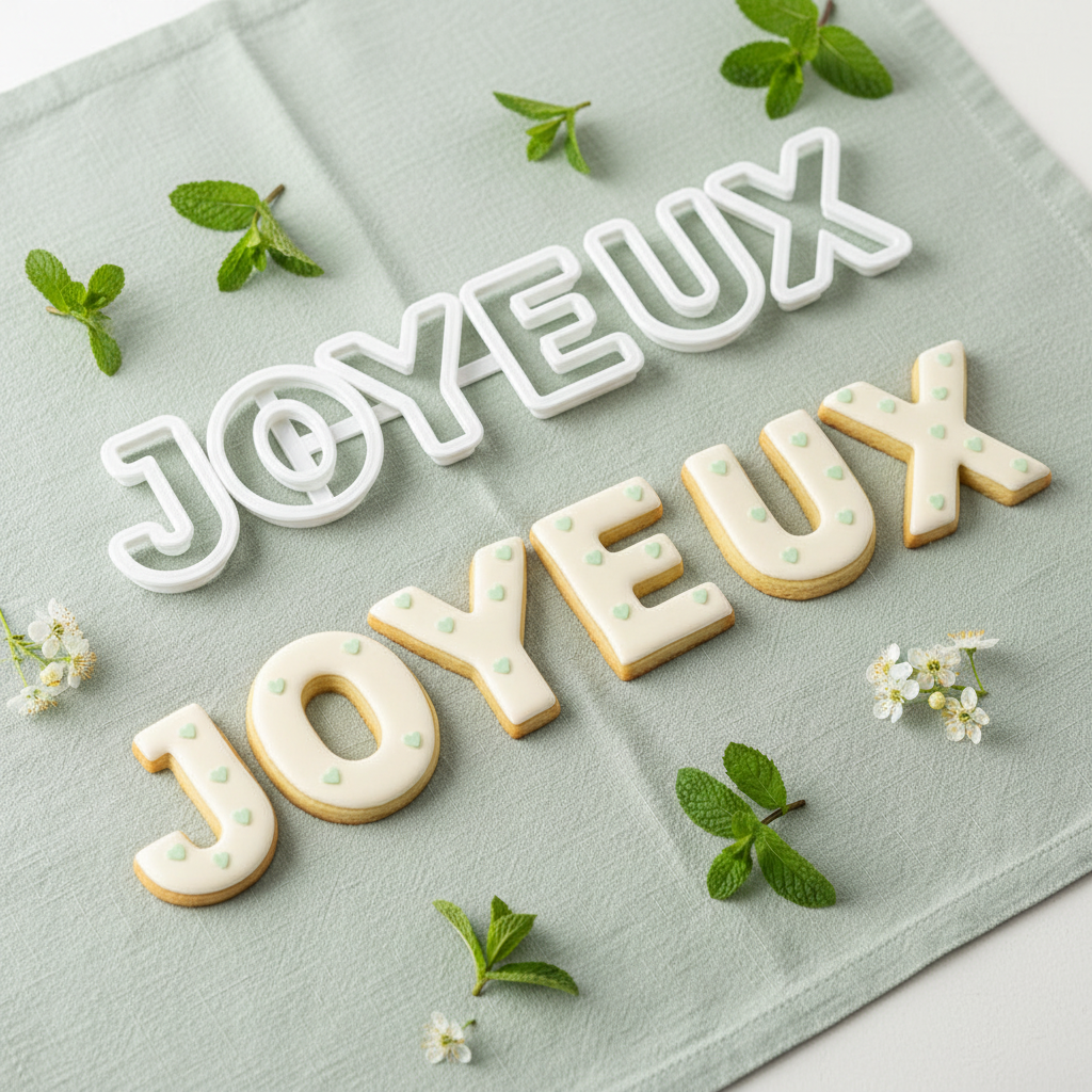Emporte piece en lettre avec biscuit sur drap vert 