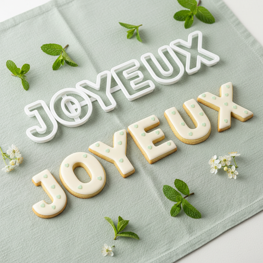 Emporte piece en lettre avec biscuit sur drap vert 
