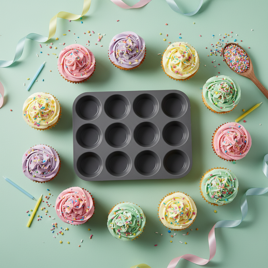 Moule cupcake en silicone noir flat-lay cupcakes pastel célébration
