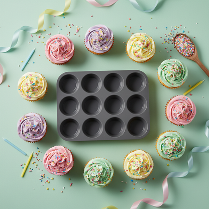 Moule cupcake en silicone noir flat-lay cupcakes pastel célébration