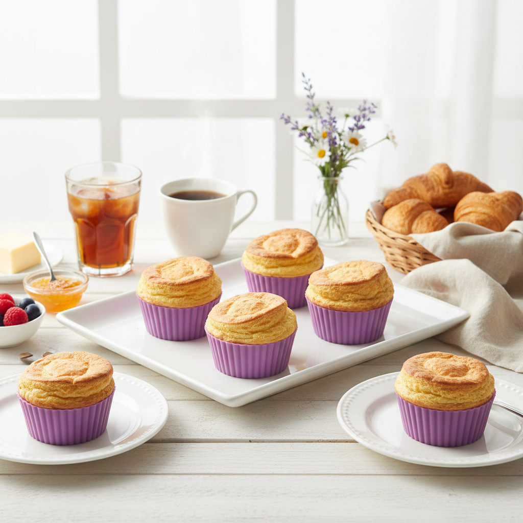 Moule cupcake en silicone lavande brunch soufflés dorés café croissants