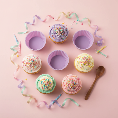 Moule pour cupcake lavande avec cupcakes colorés 
