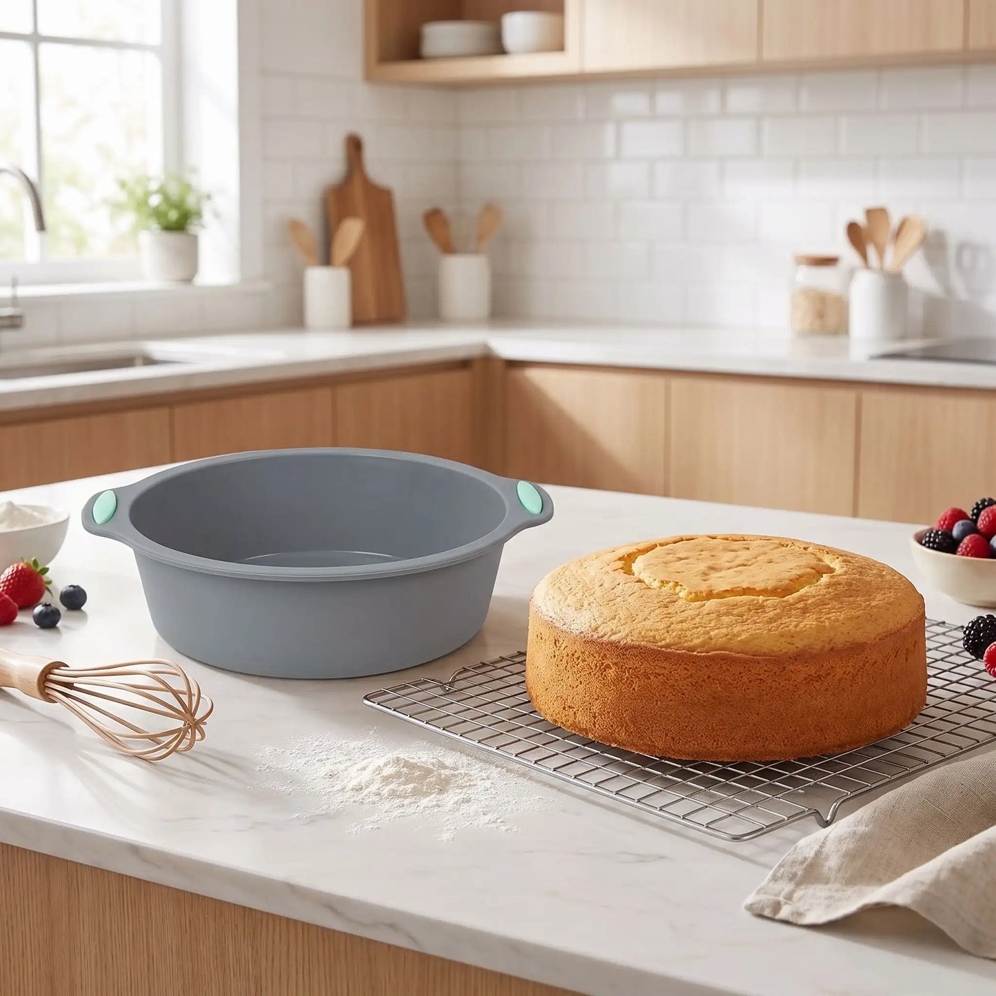 moules ronds silicone avec gâteau sur plan travail cuisine