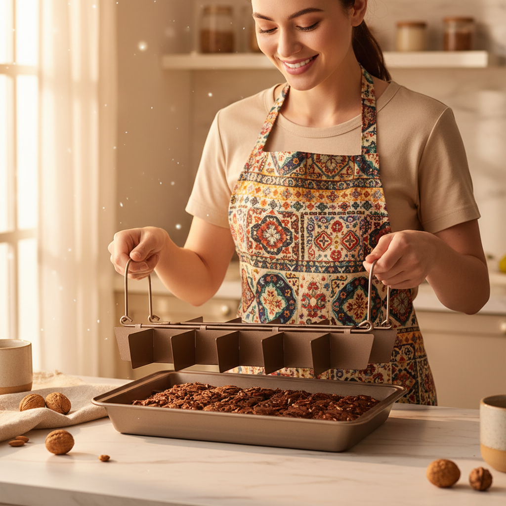 Femme utilisant séparateur brownie avec Moule gateau rectangulaire