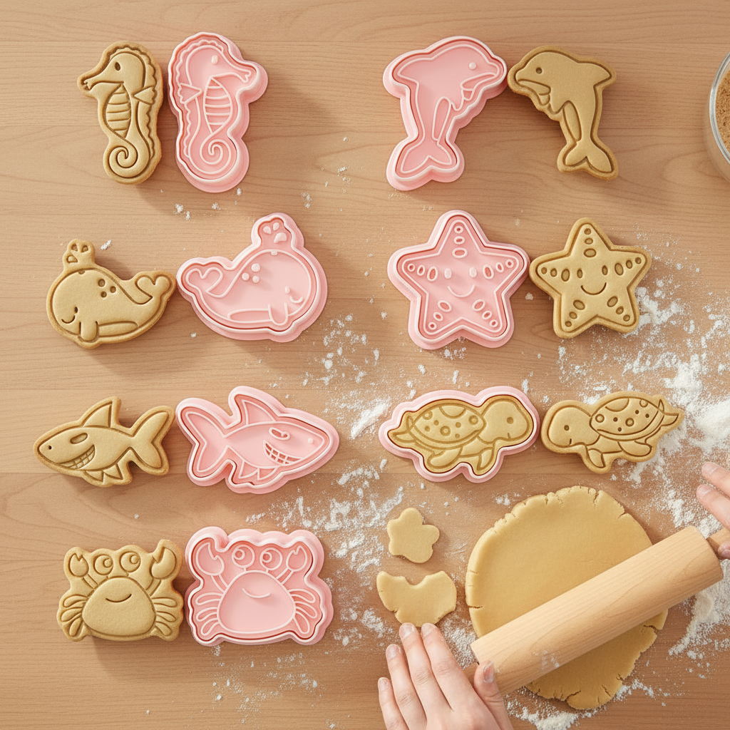 Emporte pieces pour biscuits avec biscuit sur table bois 