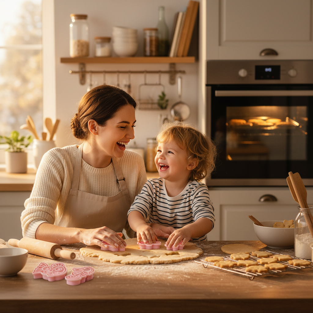 Maman et enfant utilisant Emporte pieces pour biscuits sur table 