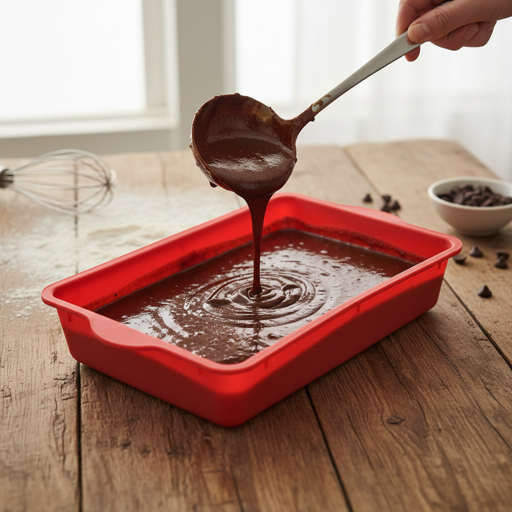 Versement Pâte brownie dans Moule en Silicone Rectangle couleur rouge
