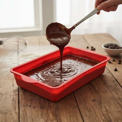 Versement Pâte brownie dans Moule en Silicone Rectangle couleur rouge