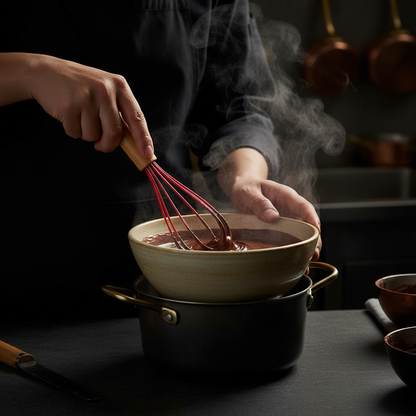Pâtissier préparant ganache bain-marie avec Fouet à patisserie