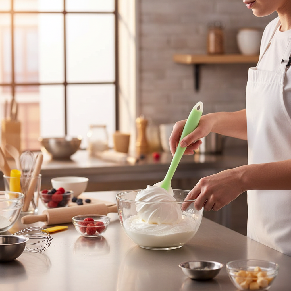 Pâtissier utilisant Une maryse cuisine verte pour meringue