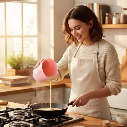 Femme préparant pancakes avec Verre mesureur