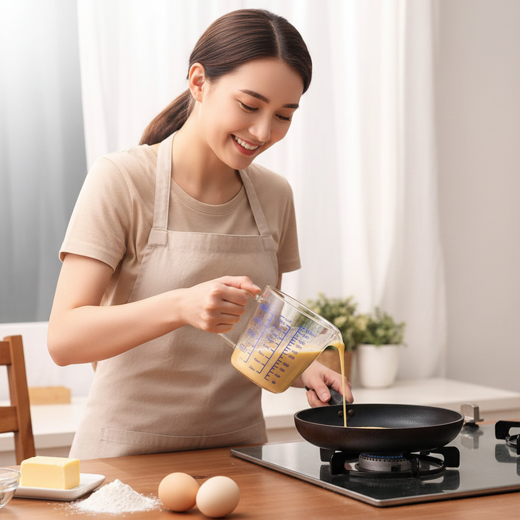 Femme prépare pancake avec Verre doseur en verre