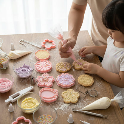 Parent enfant décorant biscuits avec Emporte Piece Fleur