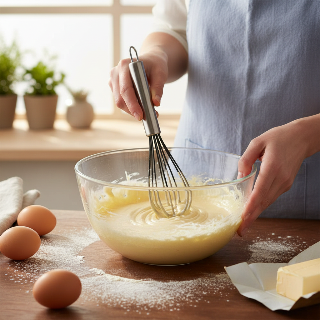 personne mélange dans saladier préparation pâtissière avec Fouet cuisine professionnel