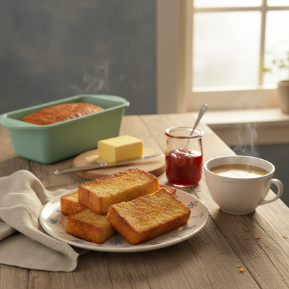 Moule à brioche rectangulaire avec brioche sur table manger