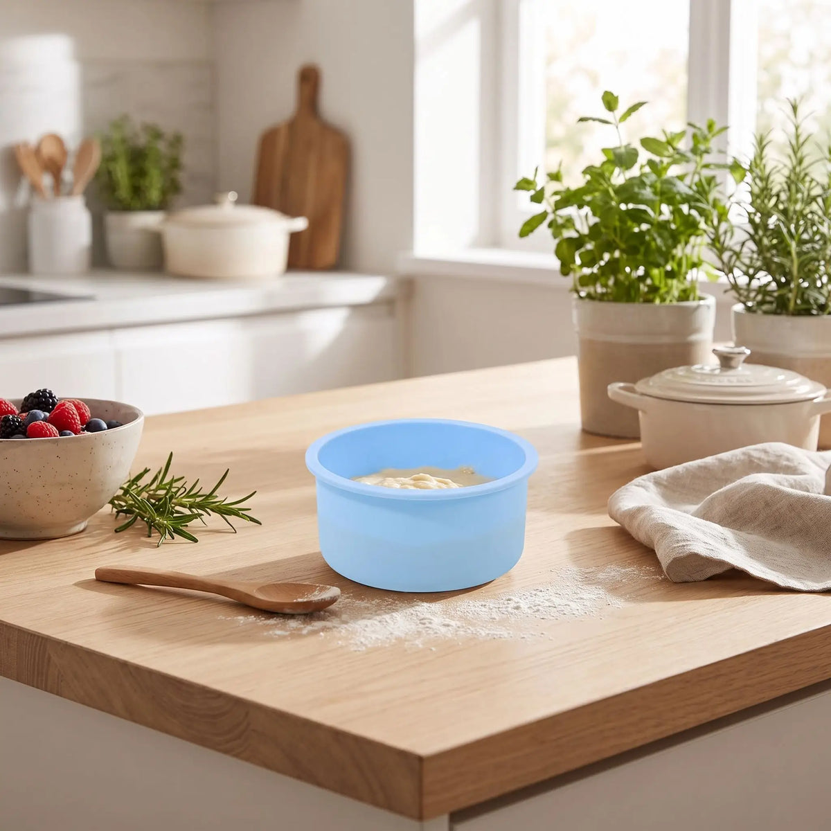 Moule en silicone rond bleu sur table cuisine 