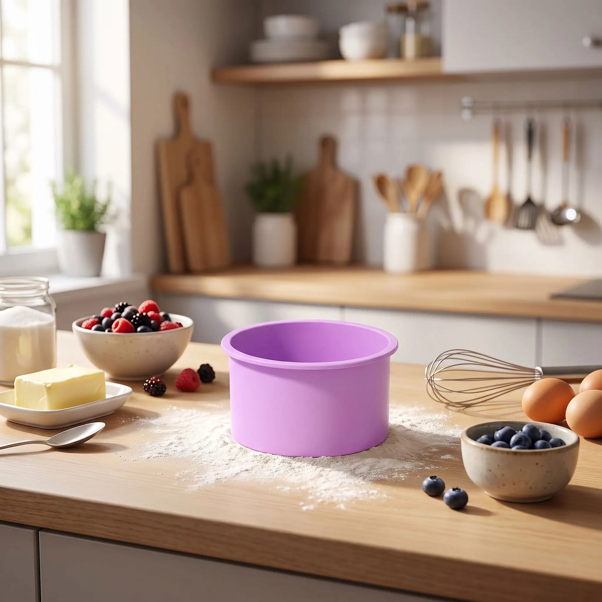 petit moules silicone ronds violet sur table cuisine bois