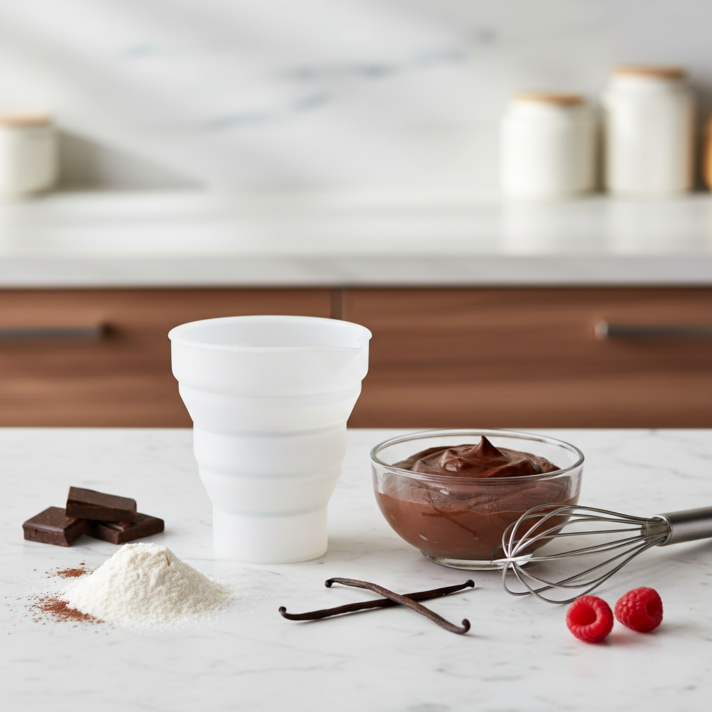 Verre mesureur sur plan de travail marbre pâtisserie