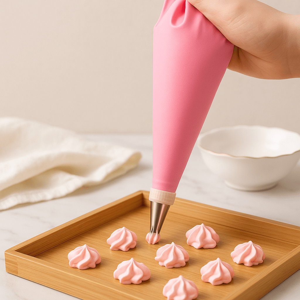 Mains utilisant Poche a douille et embout pour faire meringues 