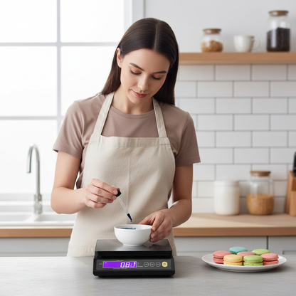Pesée colorant avec Balance de precision patisserie dans cuisine