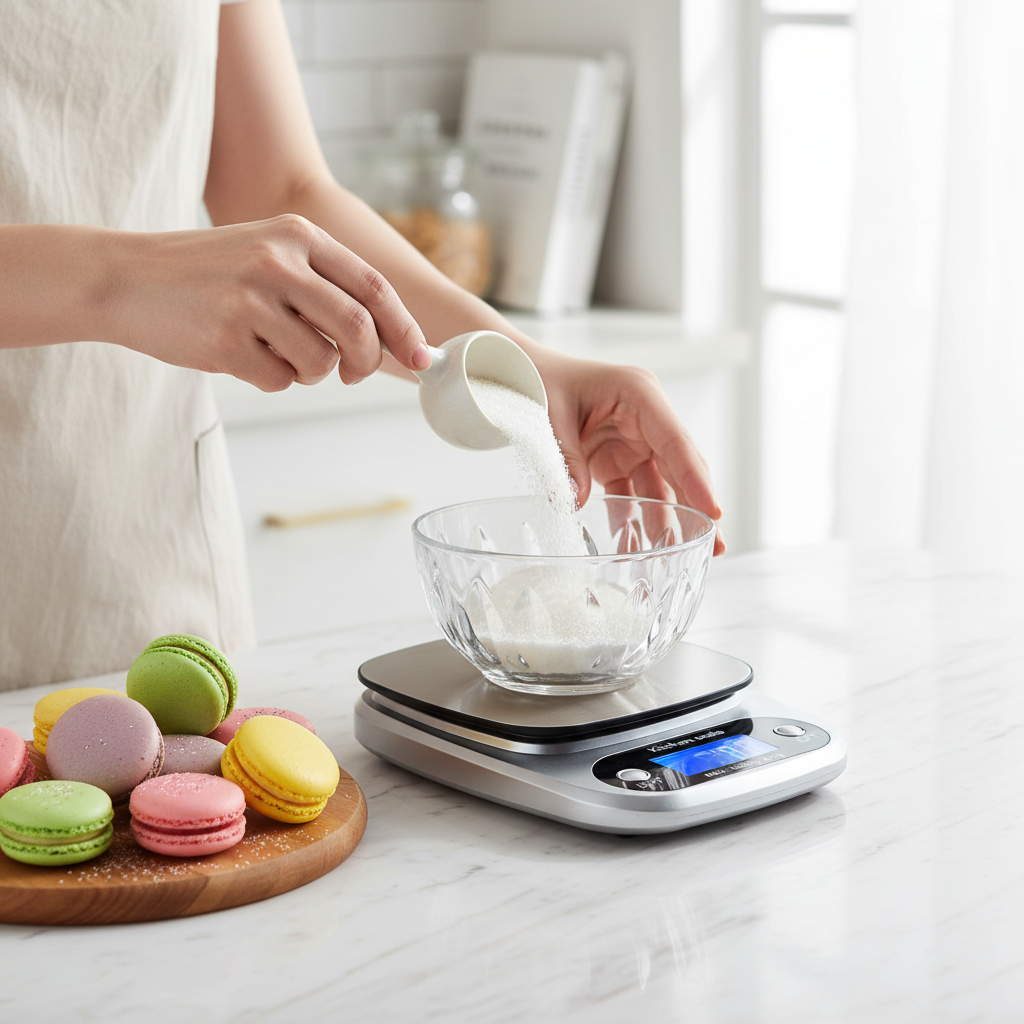 Versement sucre dans bol pour pesée avec Balance patisserie