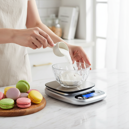 Versement sucre dans bol pour pesée avec Balance patisserie