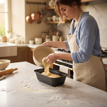 femme remplis pâte brioche dans moule a brioche 