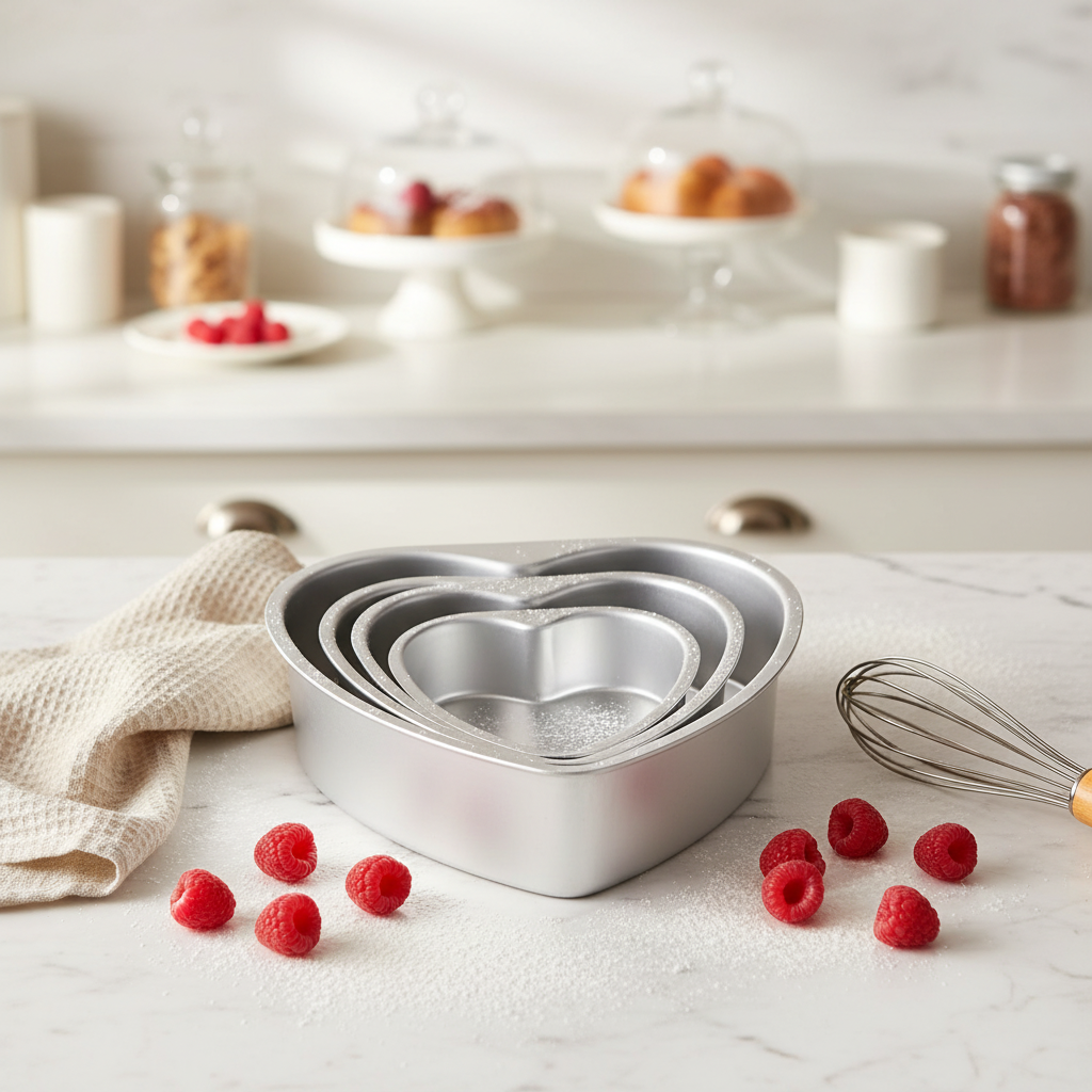 Moule gateau coeur empilé sur table travail cuisine en marbre 