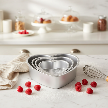 Moule gateau coeur empilé sur table travail cuisine en marbre 